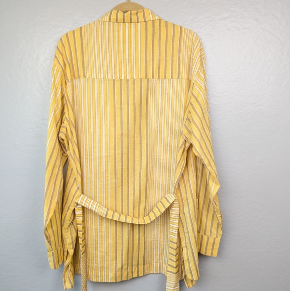 NYMANE Utility Striped Shirt Button Up Long Sleeve Tie Belt Yellow L - Picture 4 of 6